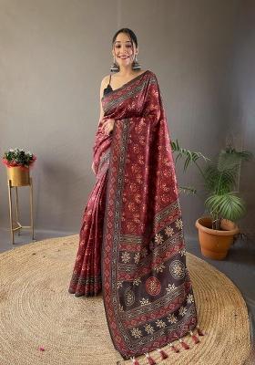Red Zari Work Silk Blend Saree Set