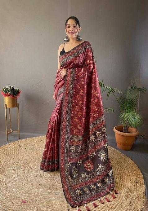 Red Zari Work Silk Saree Set — view on Indya