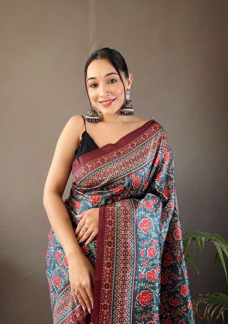 Teal Silk Blend Saree Set with Zari Work for Diwali | Wedding & Festive Wear - Indya