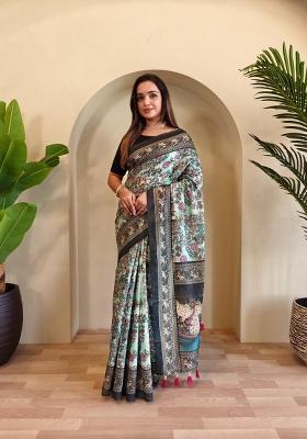 Rama Green Zari Work Silk Blend Saree Set