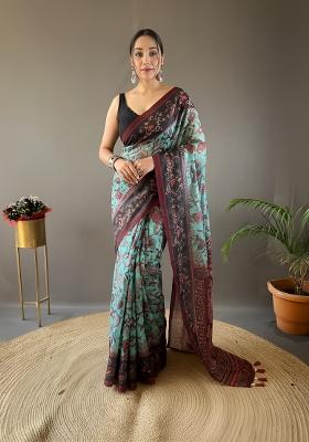 Sky Blue Zari Work Silk Blend Saree Set