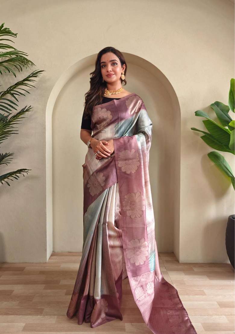 Baby Pink Silk Blend Saree Set with Zari Work for Diwali | Wedding & Festive Wear - Indya