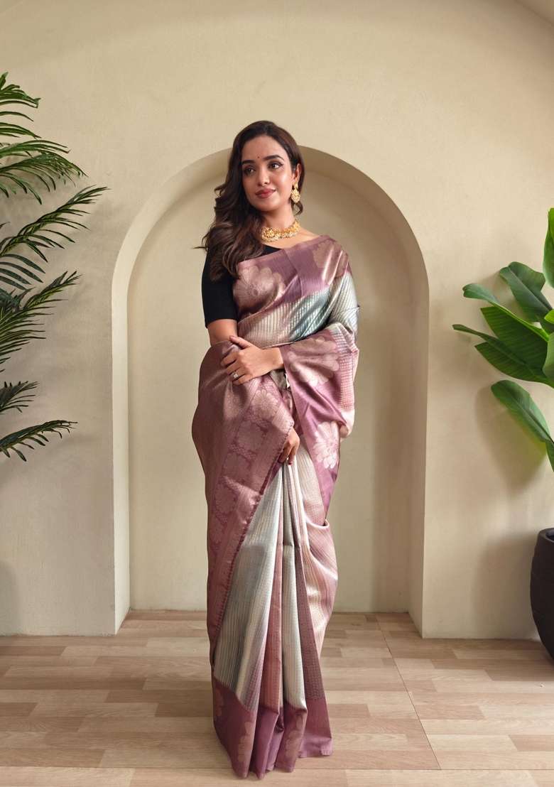 Baby Pink Silk Blend Saree Set with Zari Work for Diwali | Wedding & Festive Wear - Indya