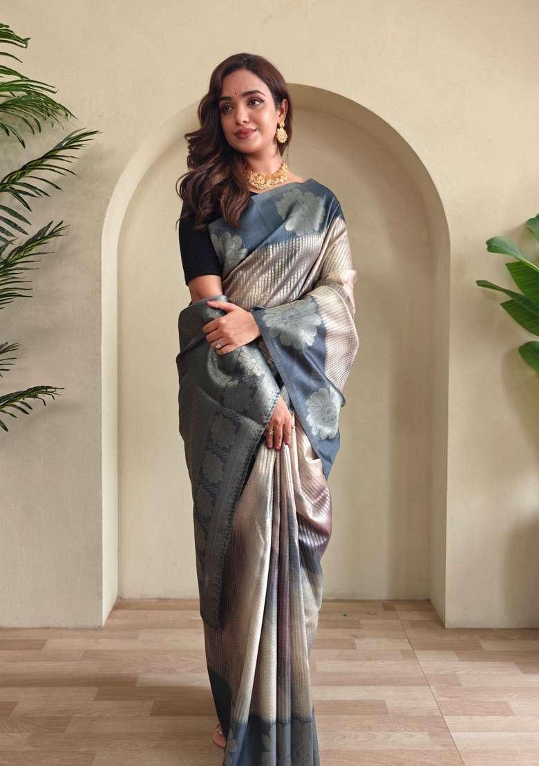 Grey Zari Work Silk Blend Saree Set for Diwali and Festive Wear - Indya