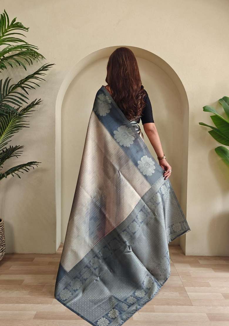 Grey Zari Work Silk Blend Saree Set for Diwali and Festive Wear - Indya