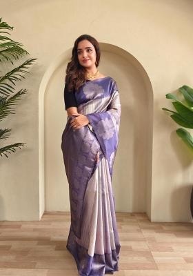 Lavender Zari Work Silk Blend Saree Set
