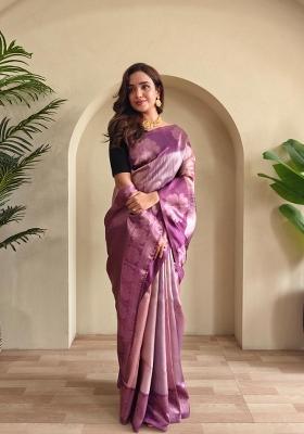 Onion Pink Zari Work Silk Blend Saree Set