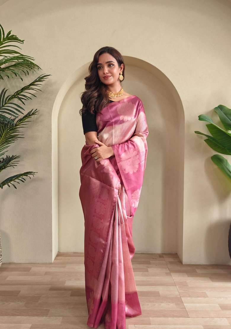 Pink Zari Work Silk Blend Saree Set for Diwali and Festive Wear - Indya