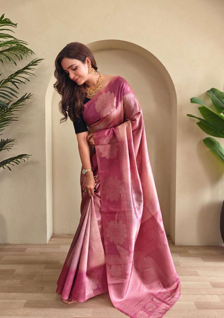 Pink Zari Work Silk Blend Saree Set for Diwali and Festive Wear - Indya