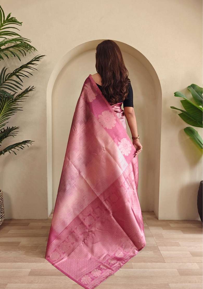 Pink Zari Work Silk Blend Saree Set for Diwali and Festive Wear - Indya
