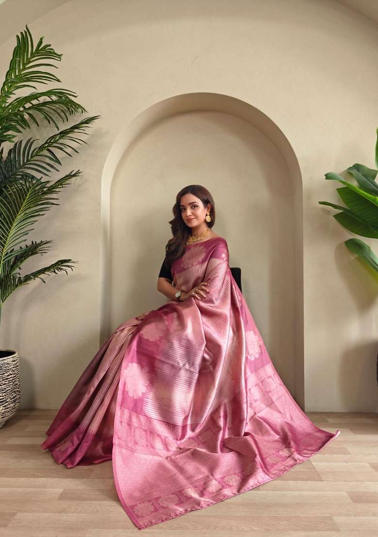 Pink Zari Work Silk Blend Saree Set for Diwali and Festive Wear - Indya