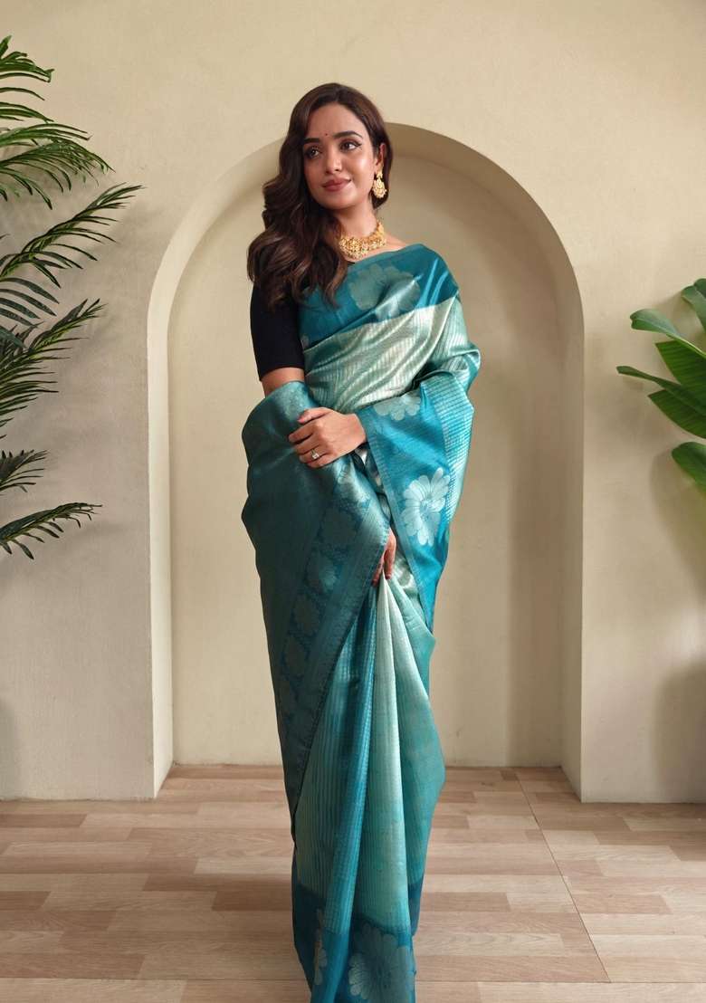 Teal Silk Blend Saree Set with Zari Work for Diwali | Wedding & Festive Wear - Indya