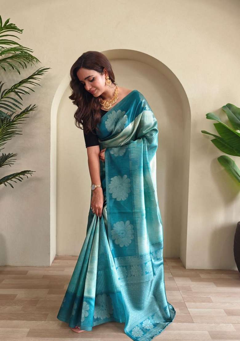 Teal Silk Blend Saree Set with Zari Work for Diwali | Wedding & Festive Wear - Indya