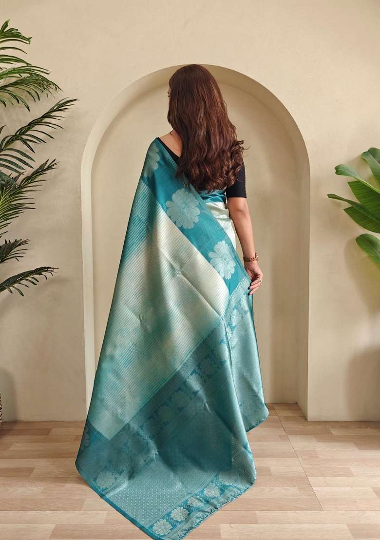 Teal Silk Blend Saree Set with Zari Work for Diwali | Wedding & Festive Wear - Indya