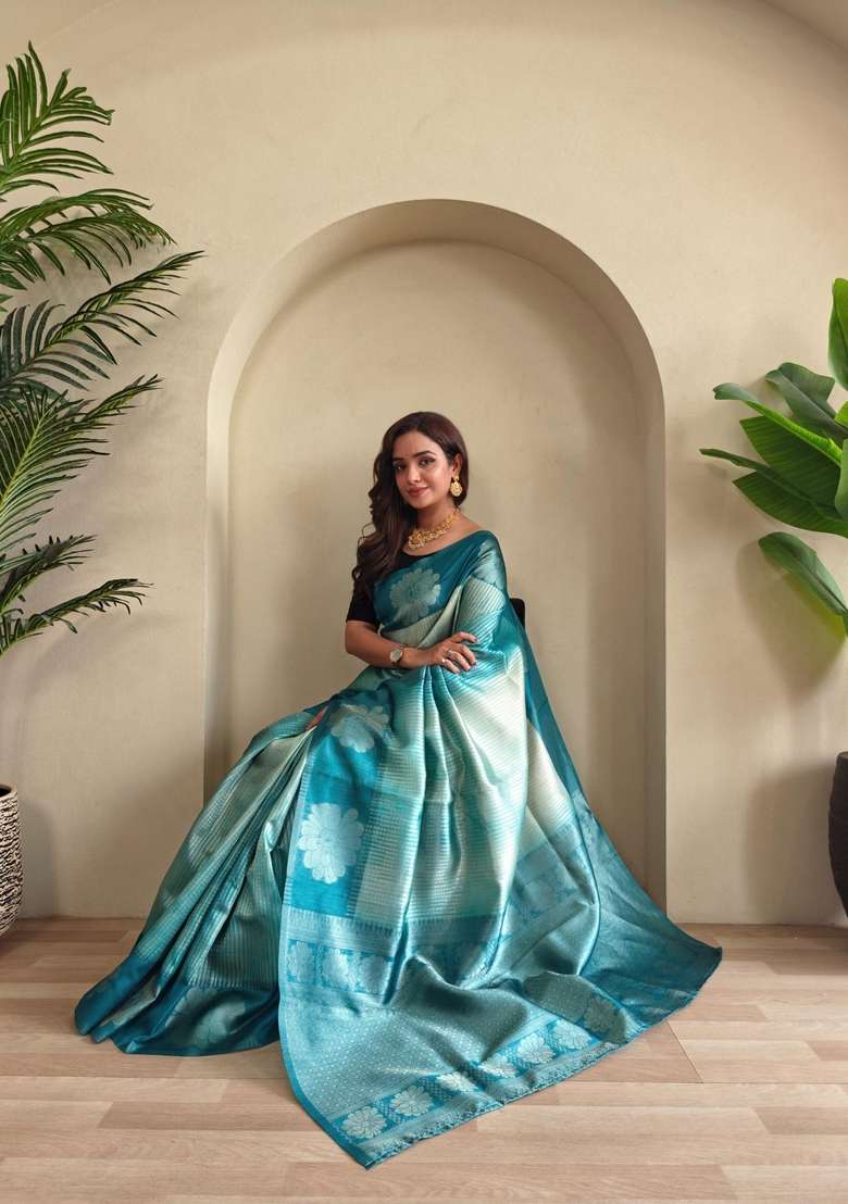 Teal Silk Blend Saree Set with Zari Work for Diwali | Wedding & Festive Wear - Indya