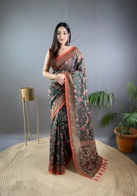 Dark Green Zari Work Silk Blend Saree Set