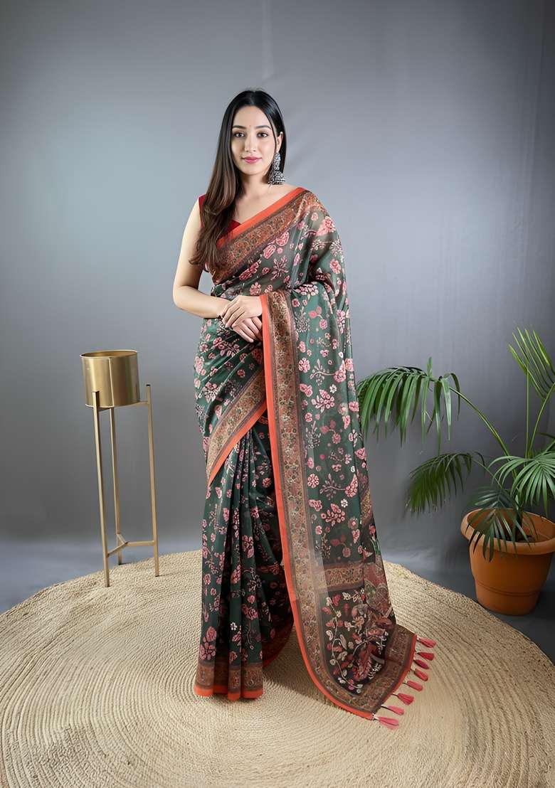 Dark Green Silk Blend Saree Set with Zari Work for Diwali | Wedding & Festive Wear - Indya