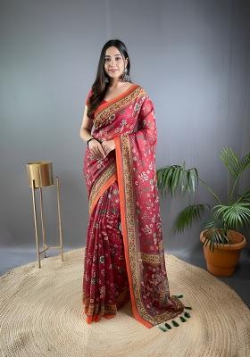 Maroon Zari Work Silk Blend Saree Set