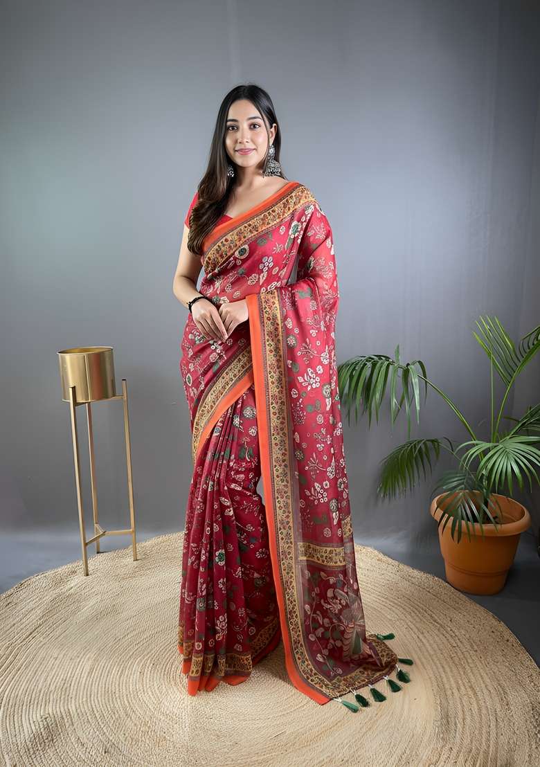 Maroon Zari Work Silk Blend Saree Set for Diwali and Festive Wear - Indya