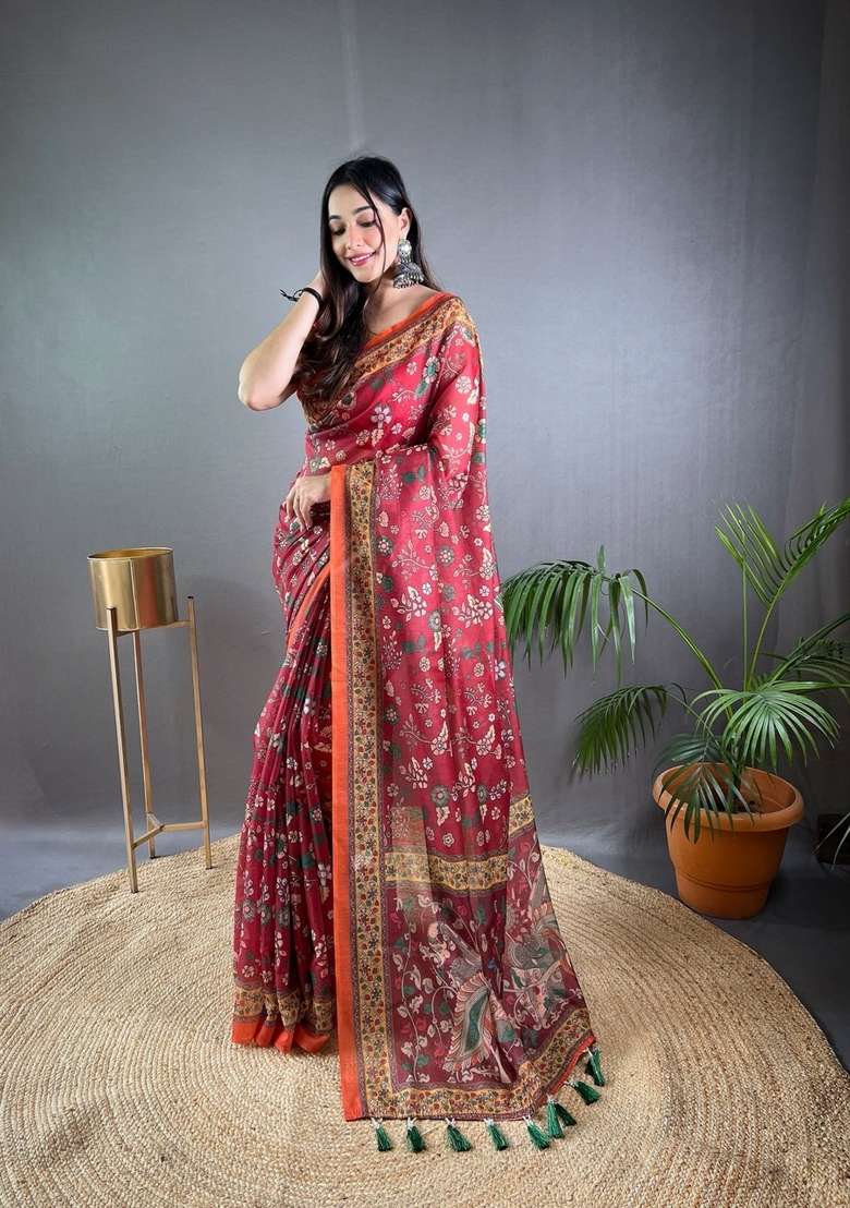 Maroon Zari Work Silk Blend Saree Set for Diwali and Festive Wear - Indya