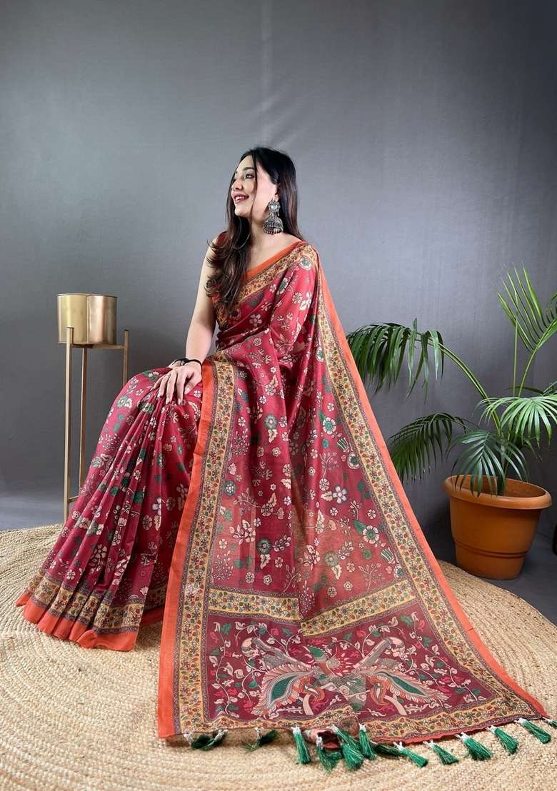 Maroon Zari Work Silk Blend Saree Set for Diwali and Festive Wear - Indya