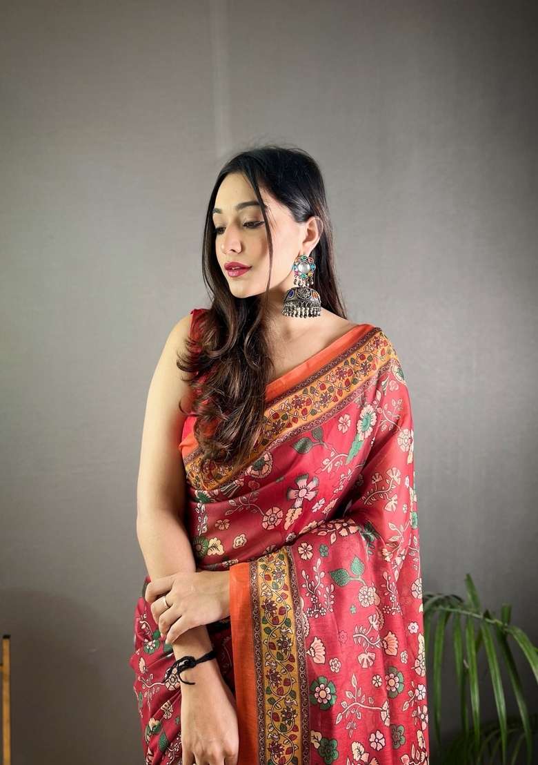 Maroon Zari Work Silk Blend Saree Set for Diwali and Festive Wear - Indya