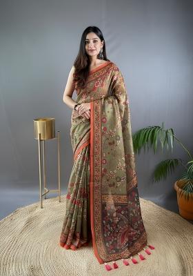 Mehendi Zari Work Silk Blend Saree Set