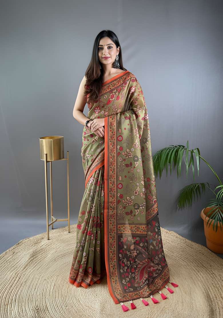 Mehendi Zari Work Silk Blend Saree Set for Diwali and Festive Wear - Indya