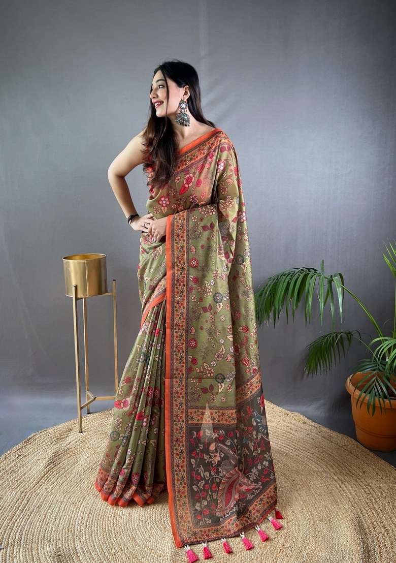 Mehendi Zari Work Silk Blend Saree Set for Diwali and Festive Wear - Indya