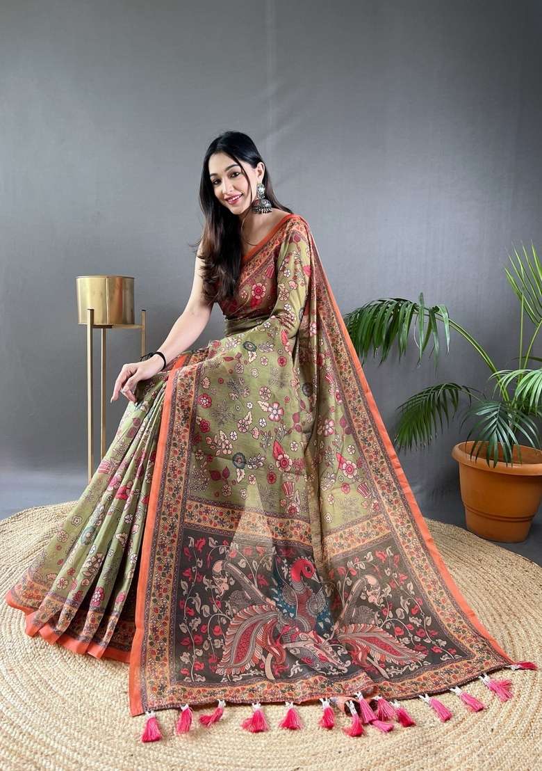 Mehendi Zari Work Silk Blend Saree Set for Diwali and Festive Wear - Indya