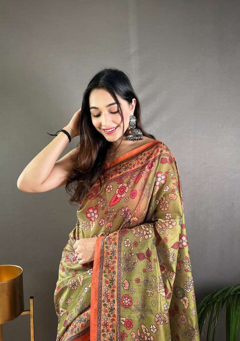 Mehendi Zari Work Silk Blend Saree Set for Diwali and Festive Wear - Indya