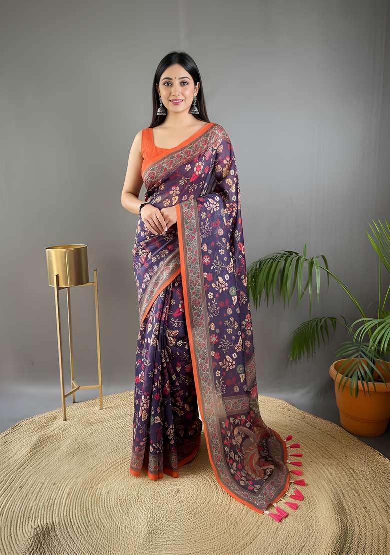Purple Zari Work Silk Blend Saree Set for Diwali and Festive Wear - Indya