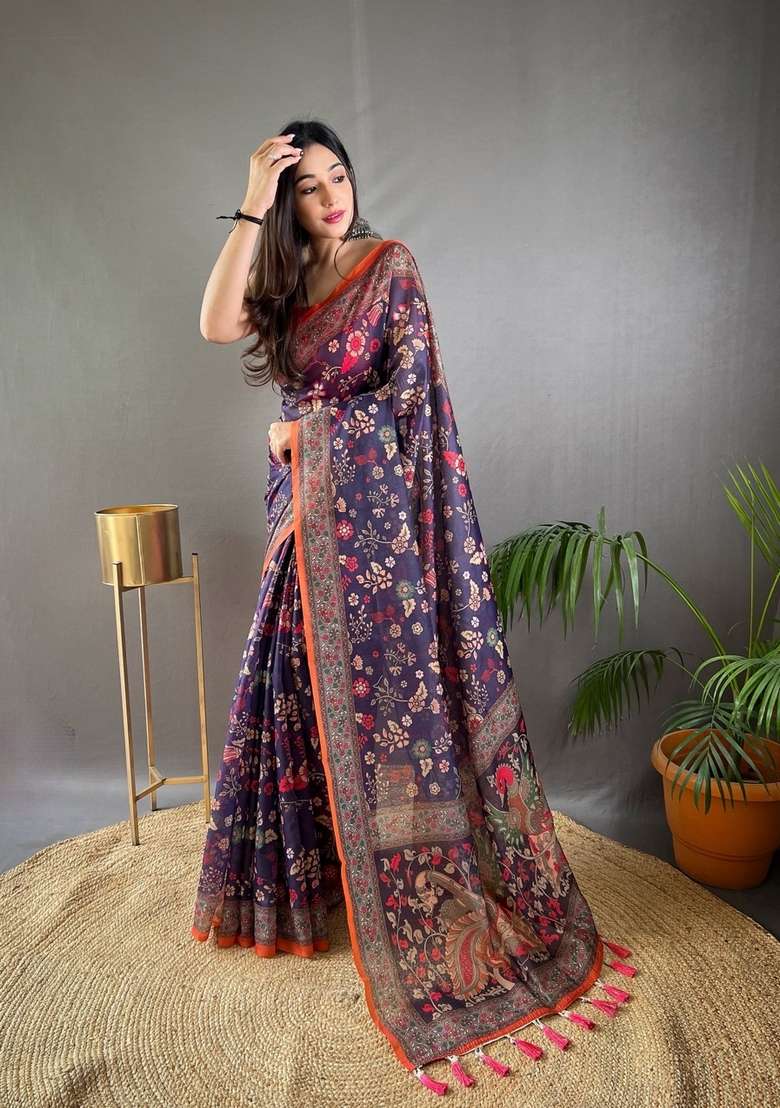Purple Zari Work Silk Blend Saree Set for Diwali and Festive Wear - Indya