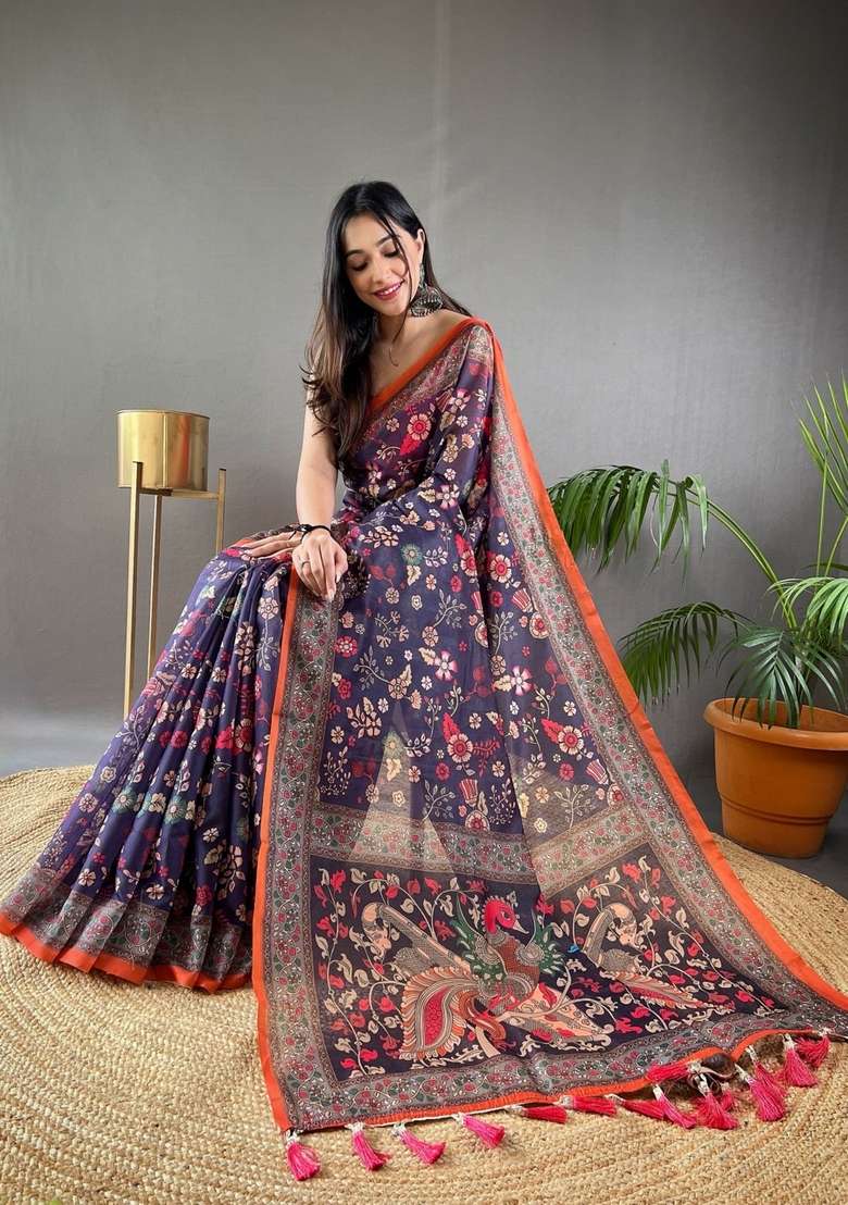 Purple Zari Work Silk Blend Saree Set for Diwali and Festive Wear - Indya