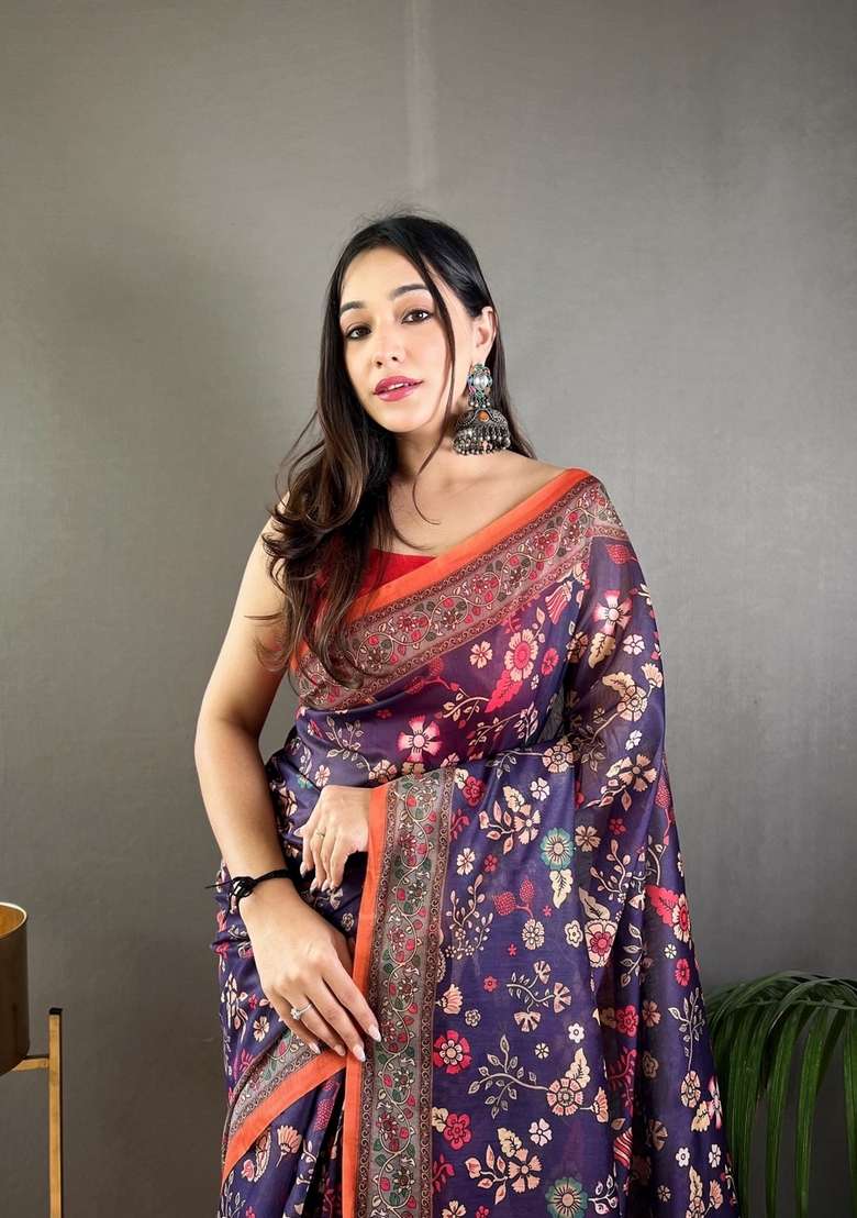 Purple Zari Work Silk Blend Saree Set for Diwali and Festive Wear - Indya