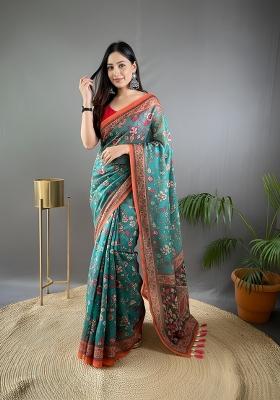 Rama Green Zari Work Silk Blend Saree Set