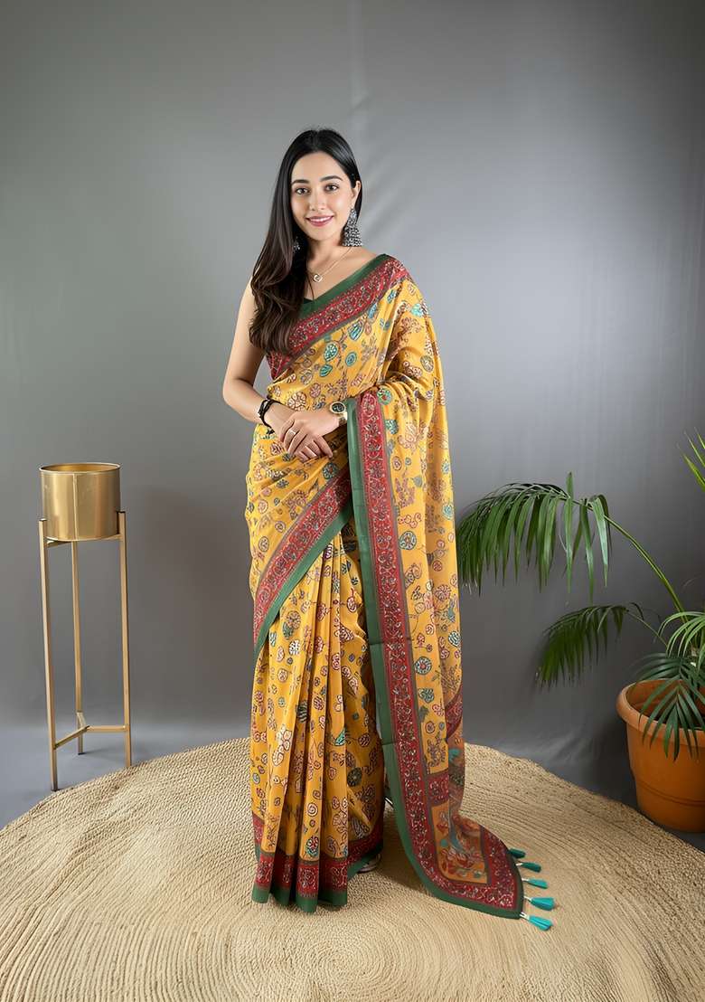 Yellow Zari Work Silk Blend Saree Set for Diwali and Festive Wear - Indya