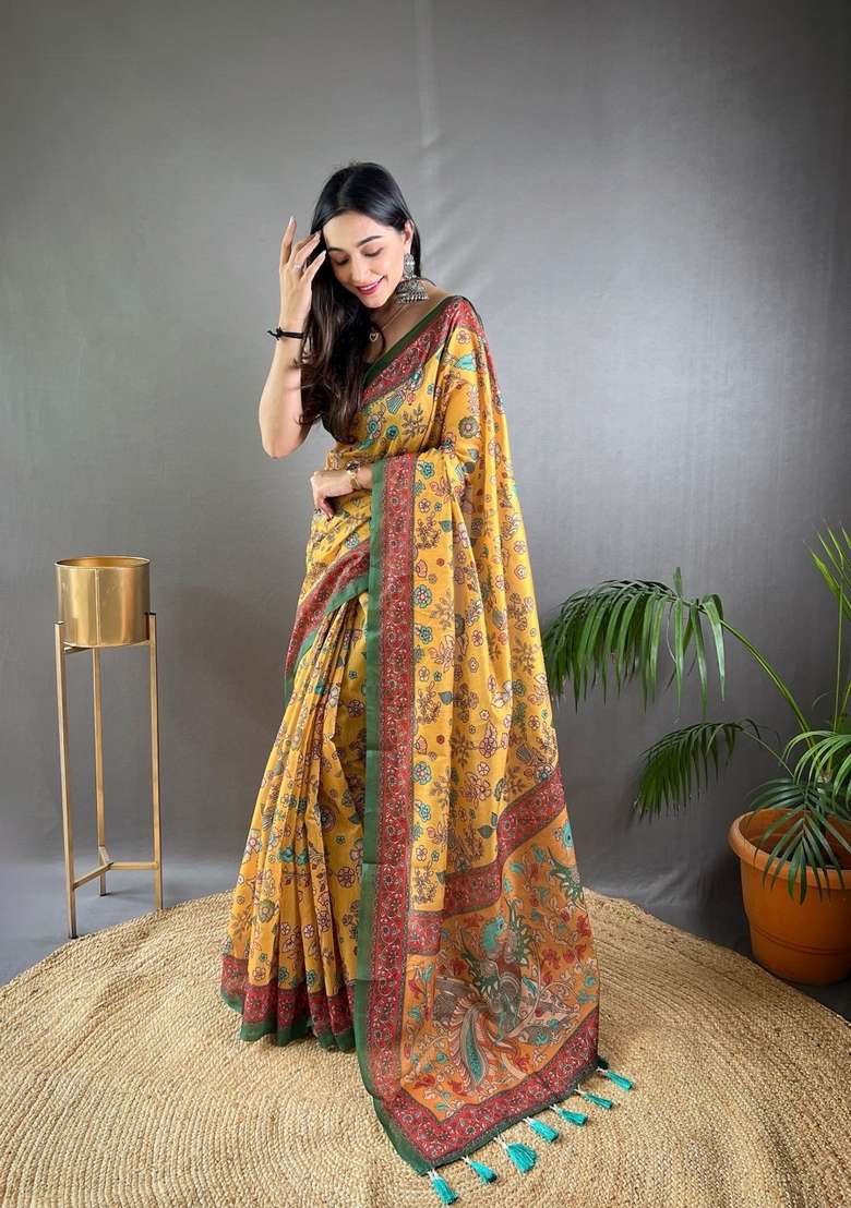 Yellow Zari Work Silk Blend Saree Set for Diwali and Festive Wear - Indya