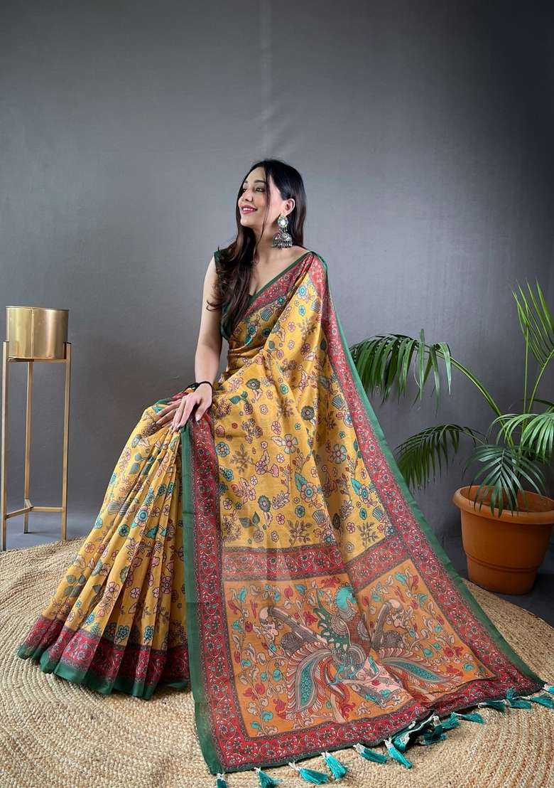 Yellow Zari Work Silk Blend Saree Set for Diwali and Festive Wear - Indya