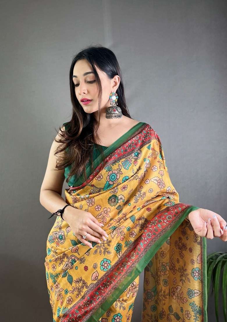 Yellow Zari Work Silk Blend Saree Set for Diwali and Festive Wear - Indya