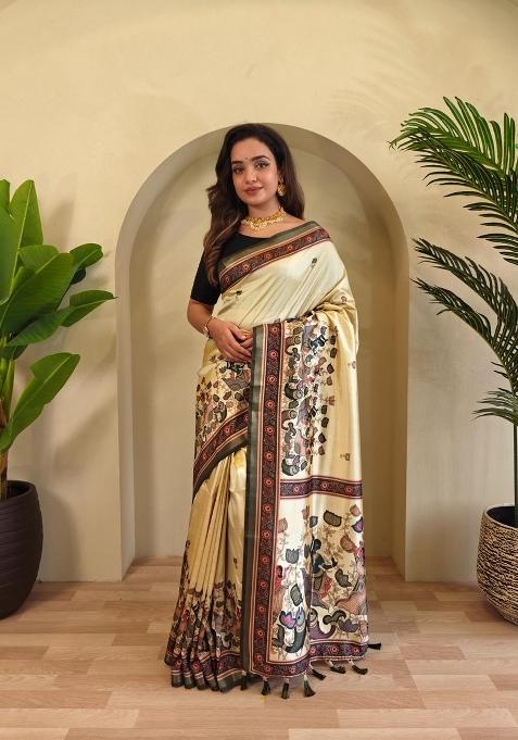 Cream Zari Work Silk Saree Set — view on Indya
