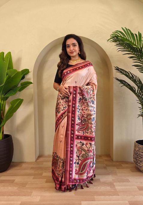 Peach Zari Work Silk Saree Set — view on Indya