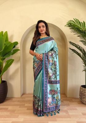 Sky Blue Zari Work Silk Blend Saree Set