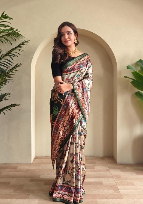 Cream Zari Work Silk Saree Set — view on Indya