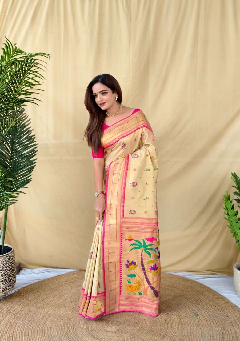 Golden Silk Blend Saree Set with Zari Work for Diwali | Wedding & Festive Wear - Indya