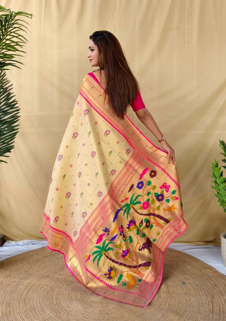 Golden Silk Blend Saree Set with Zari Work for Diwali | Wedding & Festive Wear - Indya