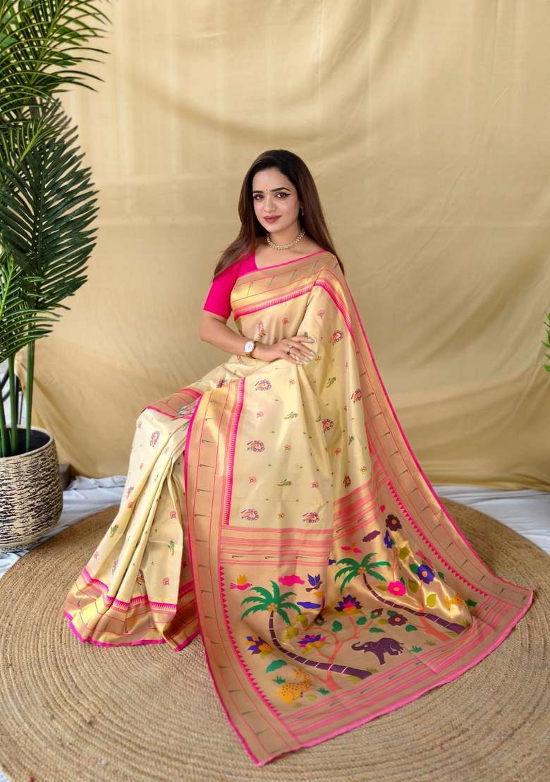 Golden Silk Blend Saree Set with Zari Work for Diwali | Wedding & Festive Wear - Indya