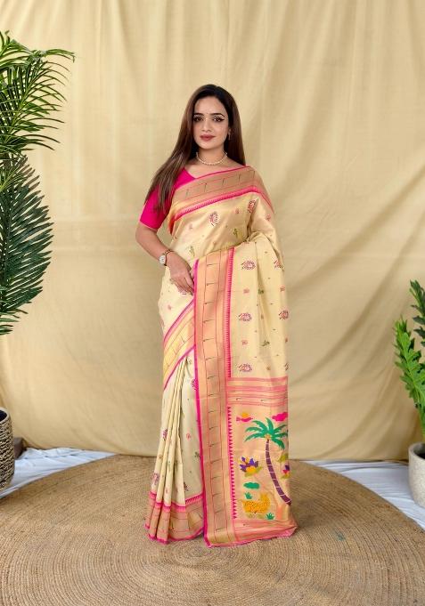Golden Zari Work Silk Saree Set — view on Indya