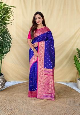 Royal Blue Zari Work Silk Blend Saree Set