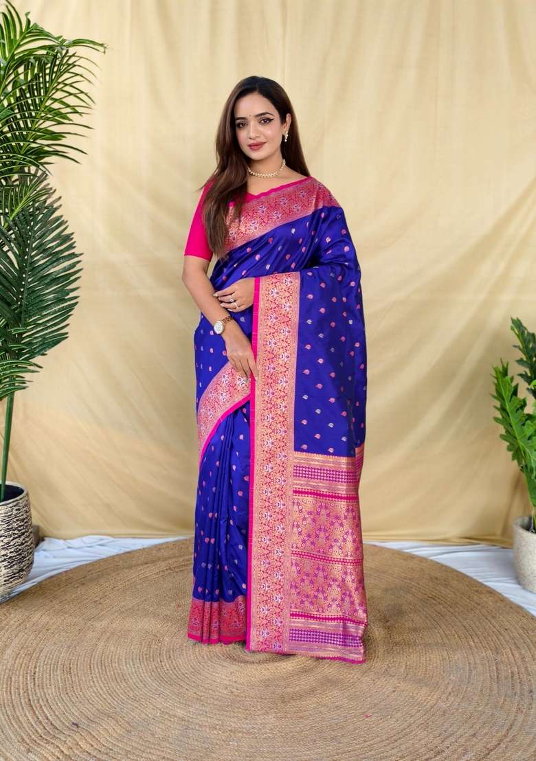 Royal Blue Silk Blend Saree Set with Zari Work for Diwali | Wedding & Festive Wear - Indya
